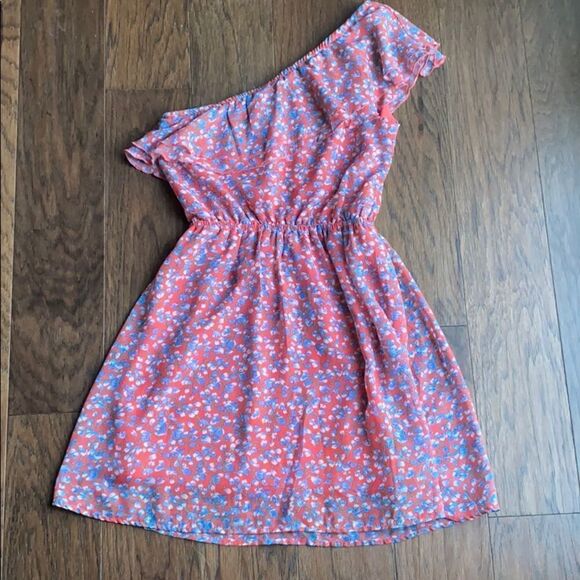 One shoulder coral / peach and blue dress - Picture 3 of 5